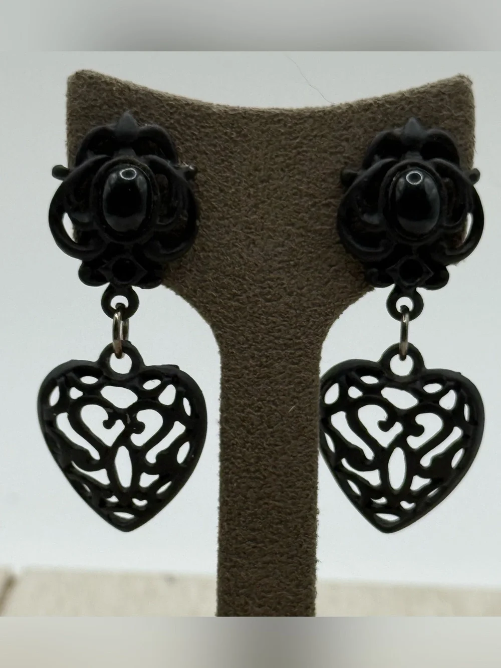 Vintage Black Filigree Heart Drop Earrings